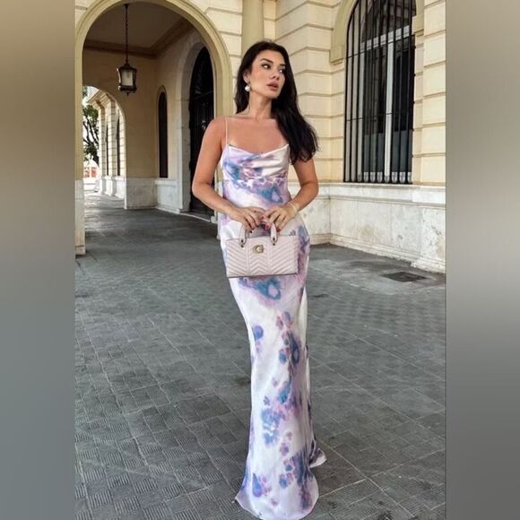 NWT ZARA SATIN EFFECT OPEN BACKโLONG DRESS Pink Lilac - Picture 1 of 8